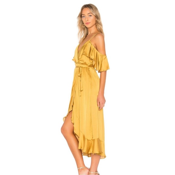 Bardot Bea Cold shoulder Ruffle Wrap Dress in Gold | Sz. 8 - Picture 3 of 8